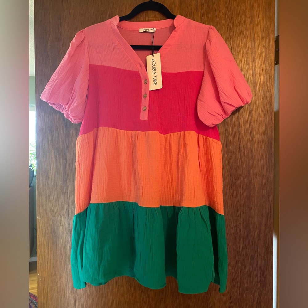Double Take Color Puff Sleeve Dress. Multi-color, casual and fun-Size small